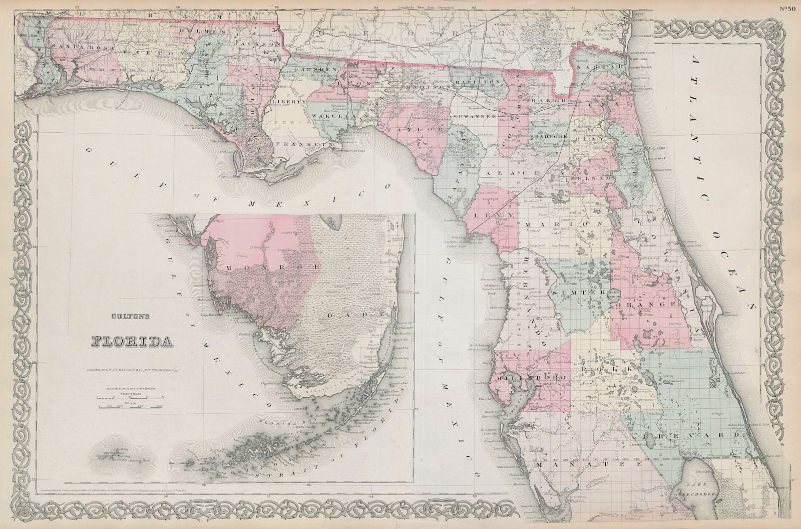 Florida. Decorative antique US state map. Ft. Lauderdale Tampa. COLTON 1869